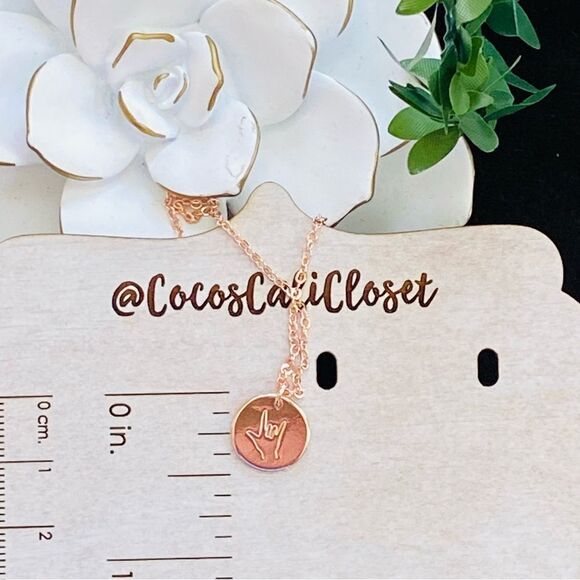 Delicate Rose Gold Tone American Sign Language ASL I Love You Necklace NWT - Picture 4 of 9